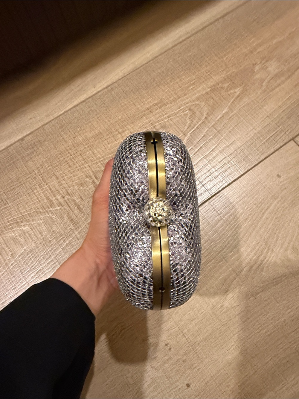 Silver Crystal Heart Shaped Evening Clutch with Gold Accents